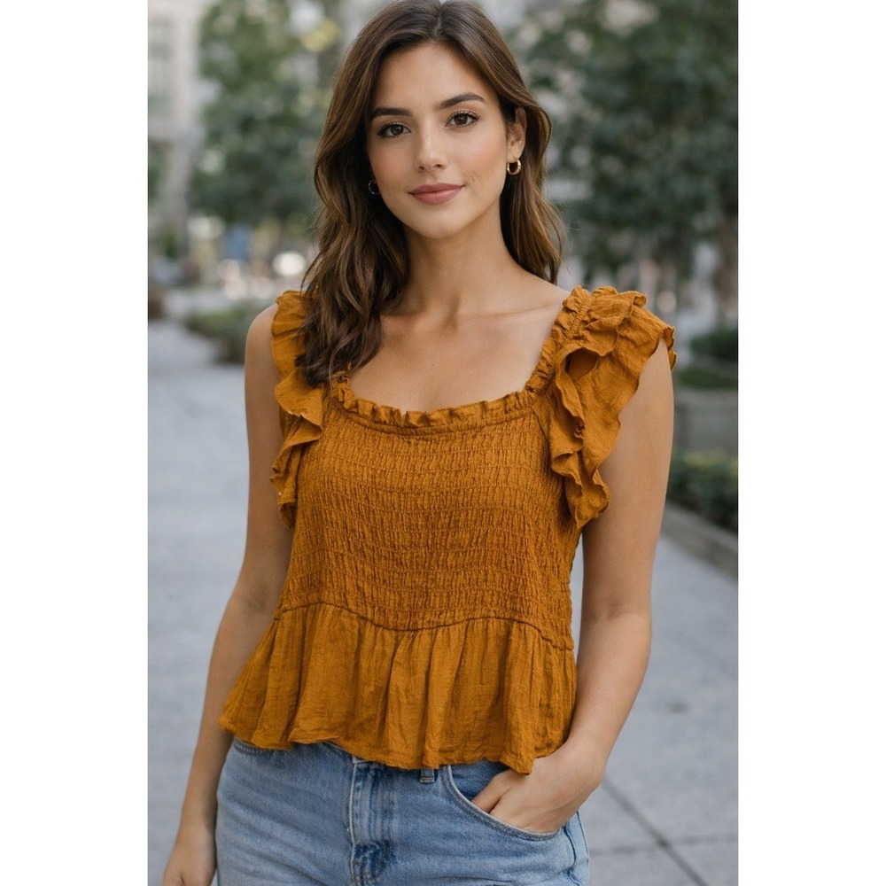 Nanette Lepore Glazed Ginger Flutter Sleeve Ruffle Smocked Tank Camel Brown Sz L